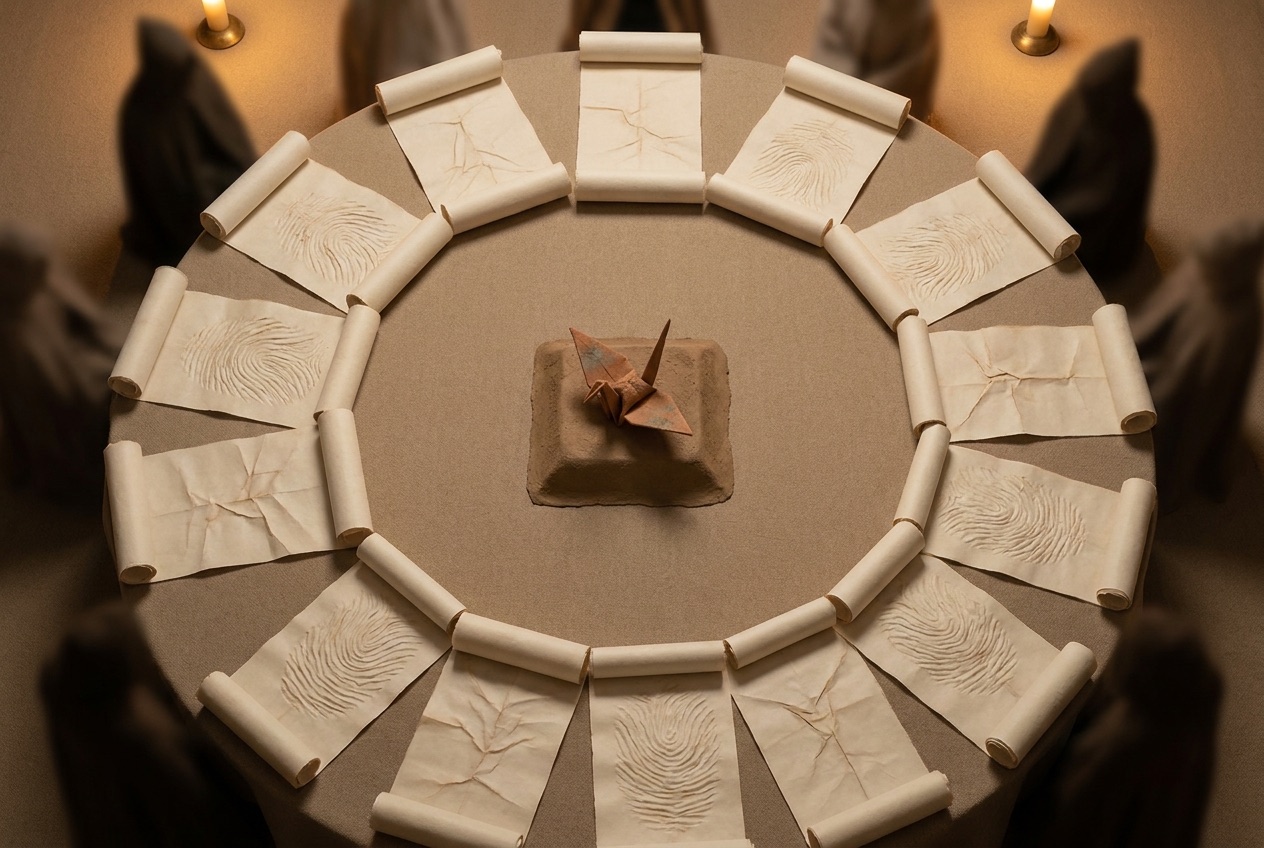 A protective circle of folded paper surrounding a central origami crane