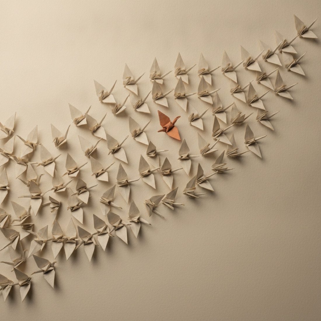 A diagonal flock of bone-white paper cranes with one terracotta crane standing out