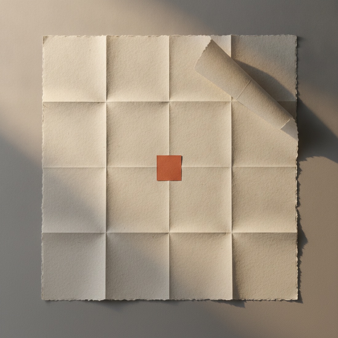 A grid of folded paper squares with a single terracotta square at the center