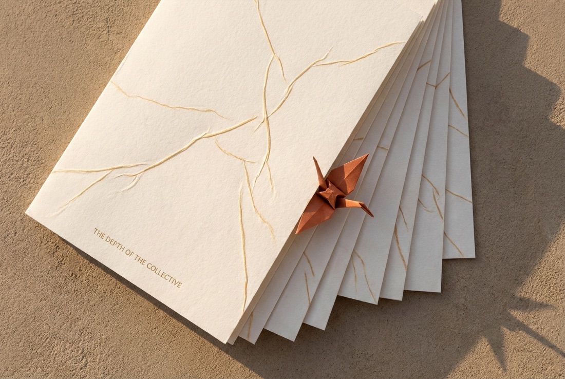A kintsugi-style paper booklet mended with gold beside a terracotta crane