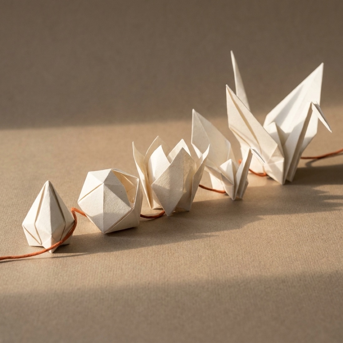 A sequence of paper forms evolving into a finished origami crane