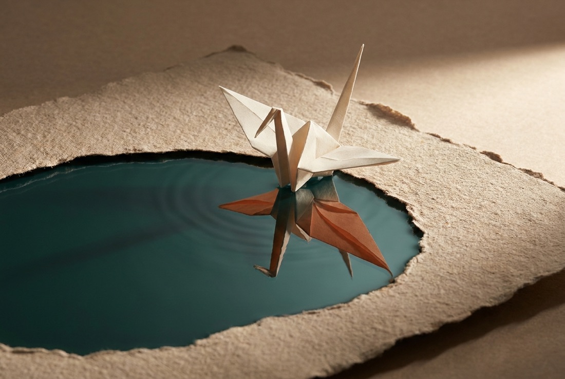 Origami cranes resting on a paper pond