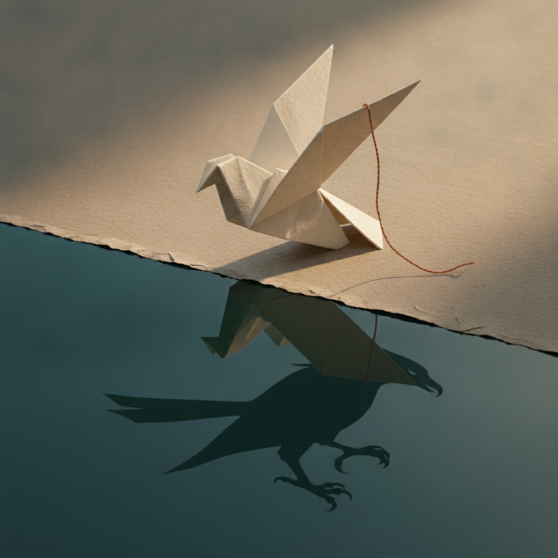 An origami dove casting a raven-shaped shadow reflection