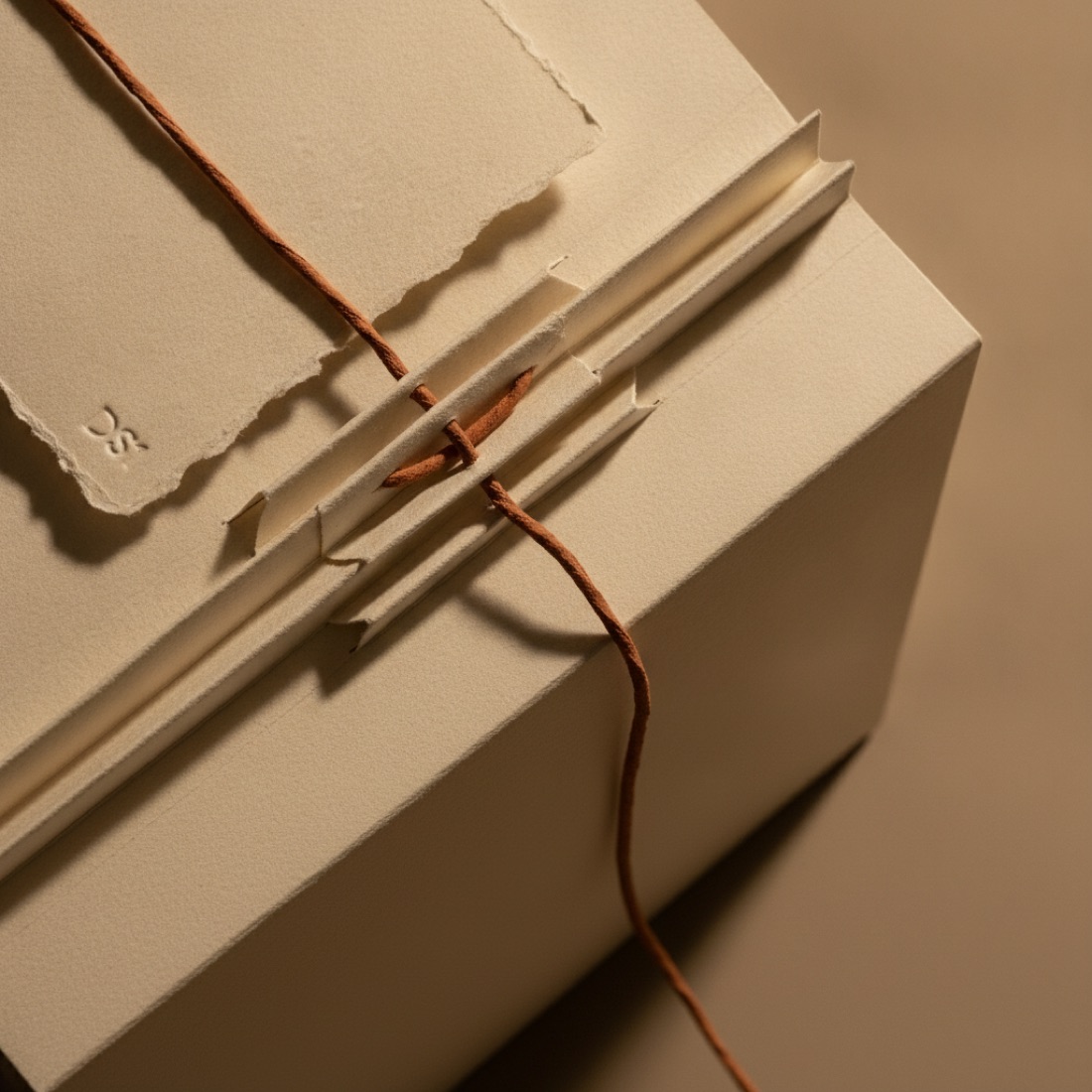A folded paper box with one corner wrapped in copper thread