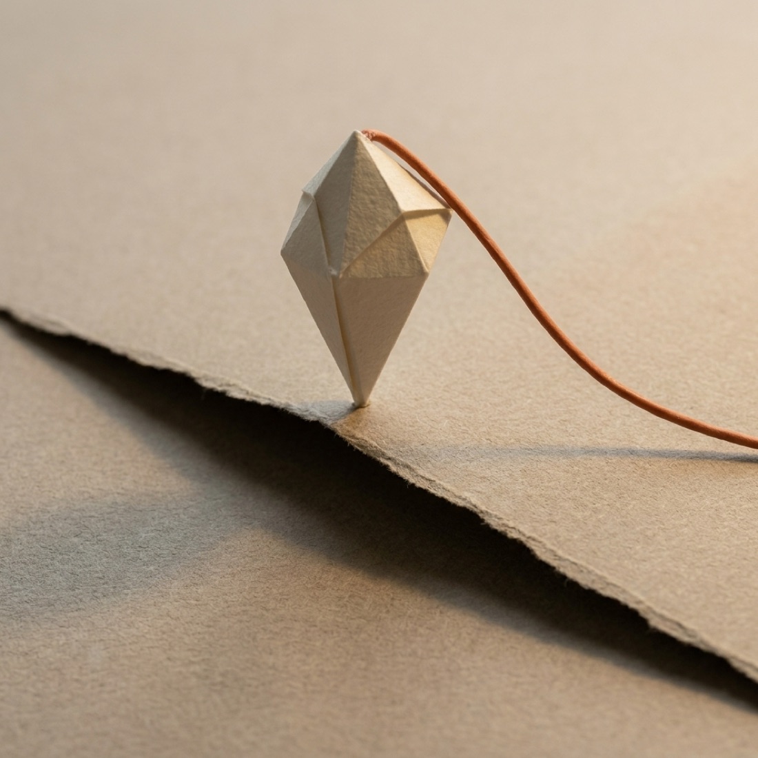 A folded paper octahedron resting on a torn ridge, bound with copper thread
