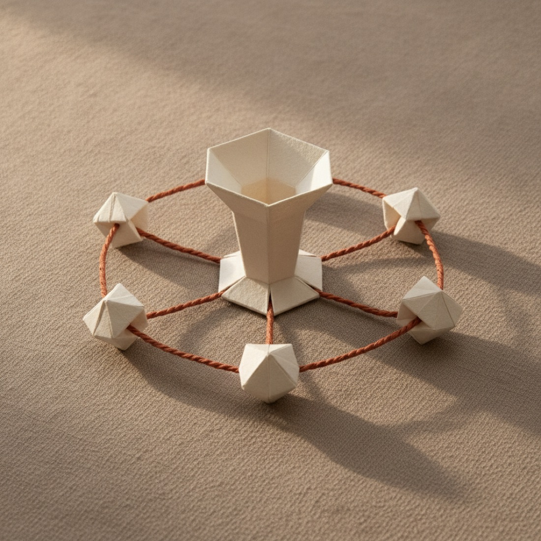 A paper vessel ringed by linked polyhedra joined with copper thread