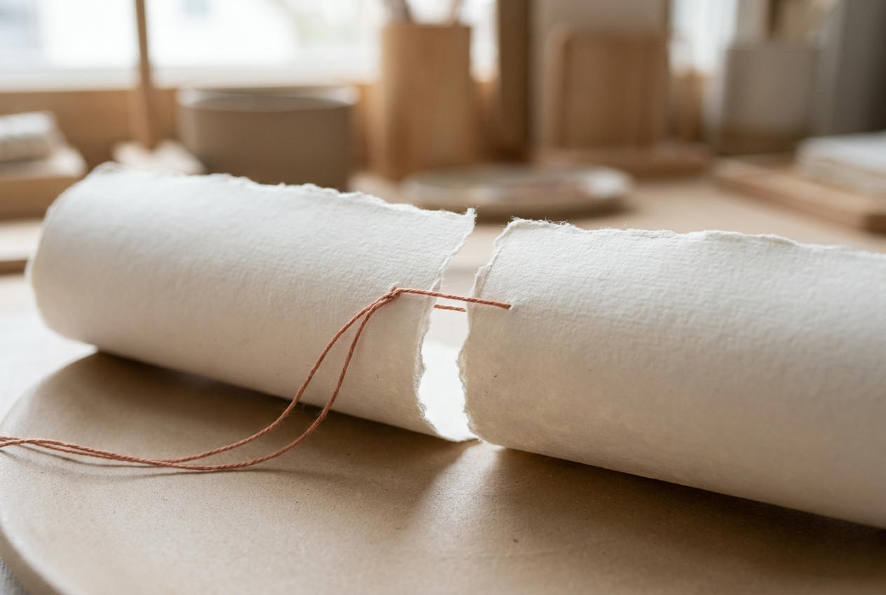 A rolled paper scroll tied with copper thread