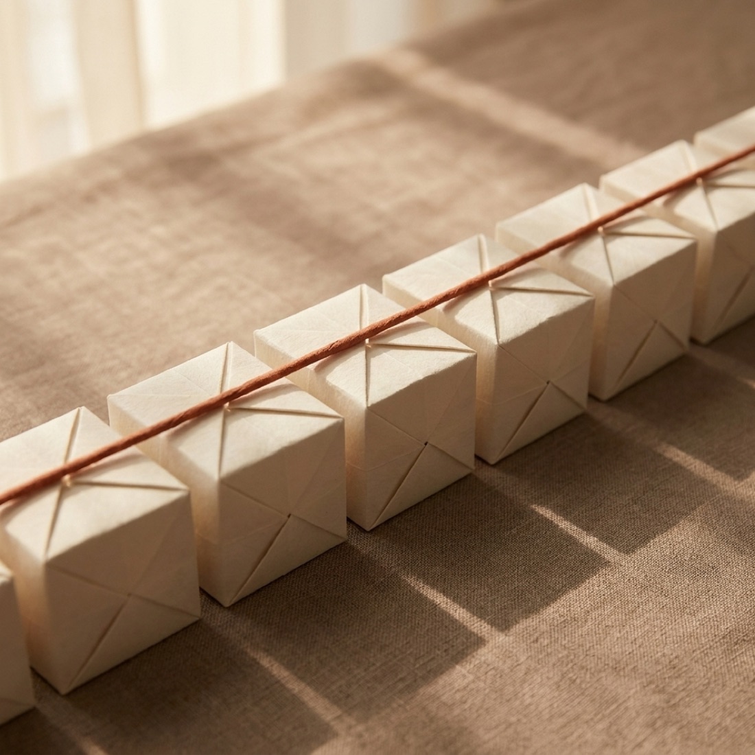 A row of folded paper cubes linked by copper thread on a linen surface