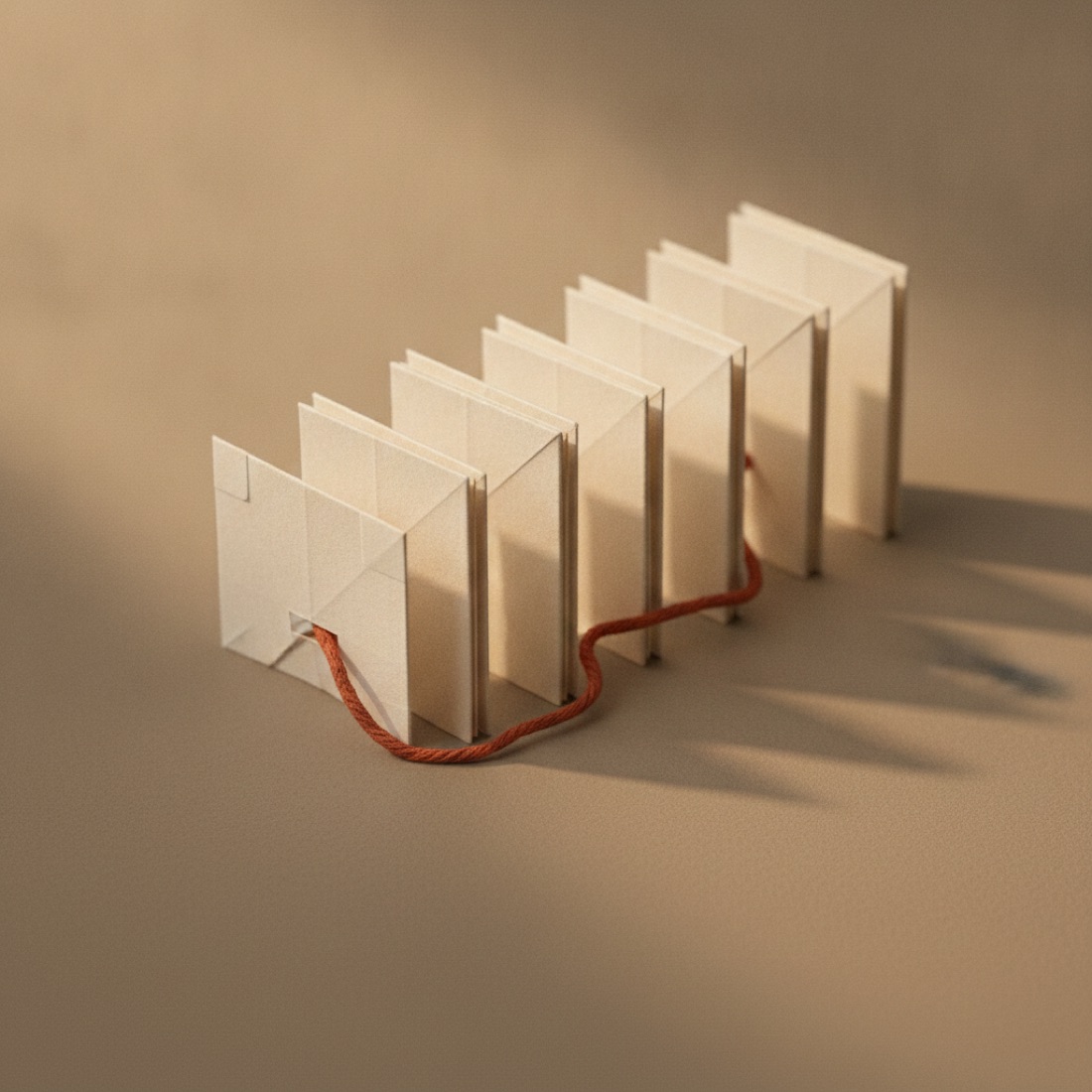 A row of paper dividers threaded with copper