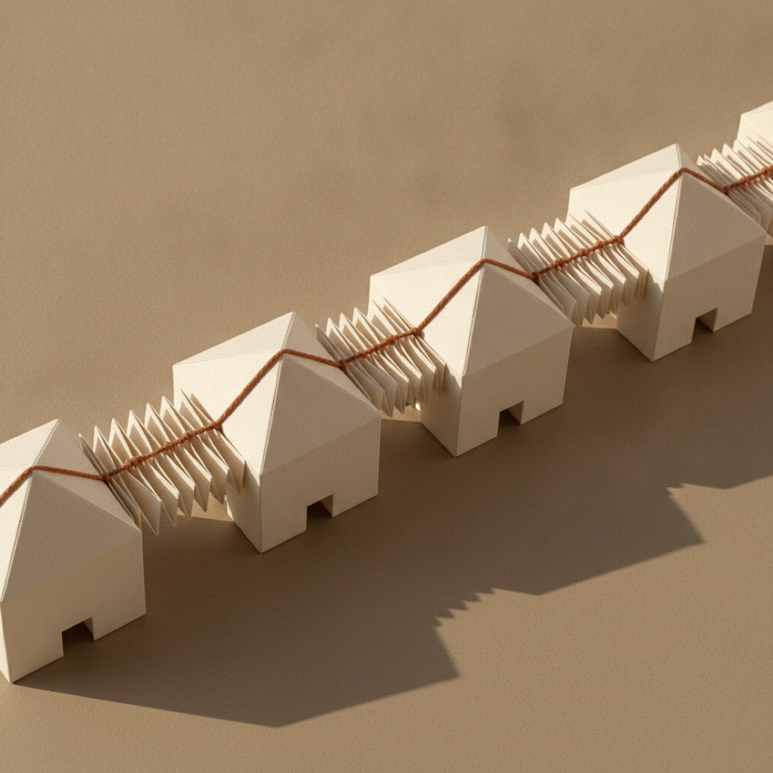 A row of paper houses linked by a single copper thread