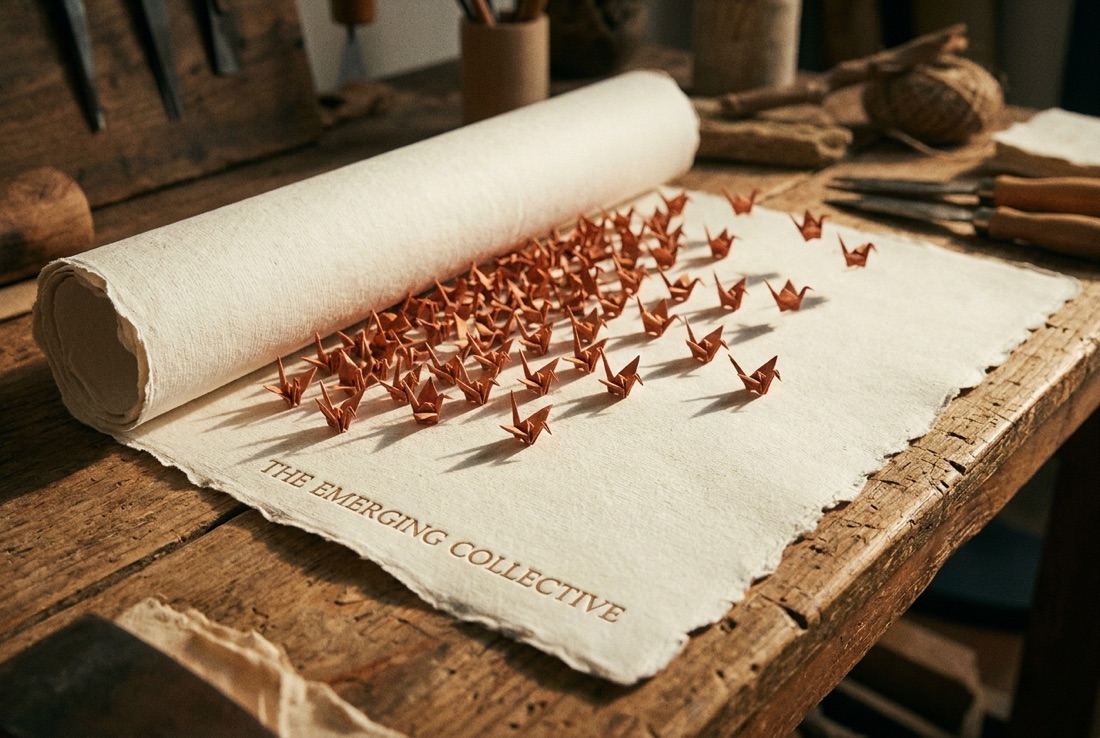 A scroll releasing an emerging collective of tiny paper cranes