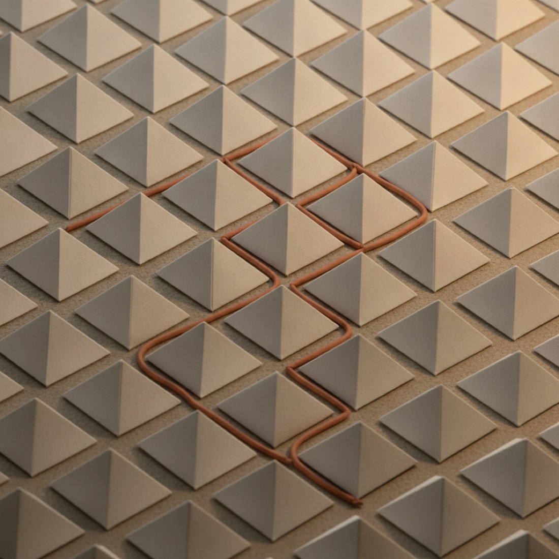 A grid of triangular paper tiles crossed by a copper zigzag thread