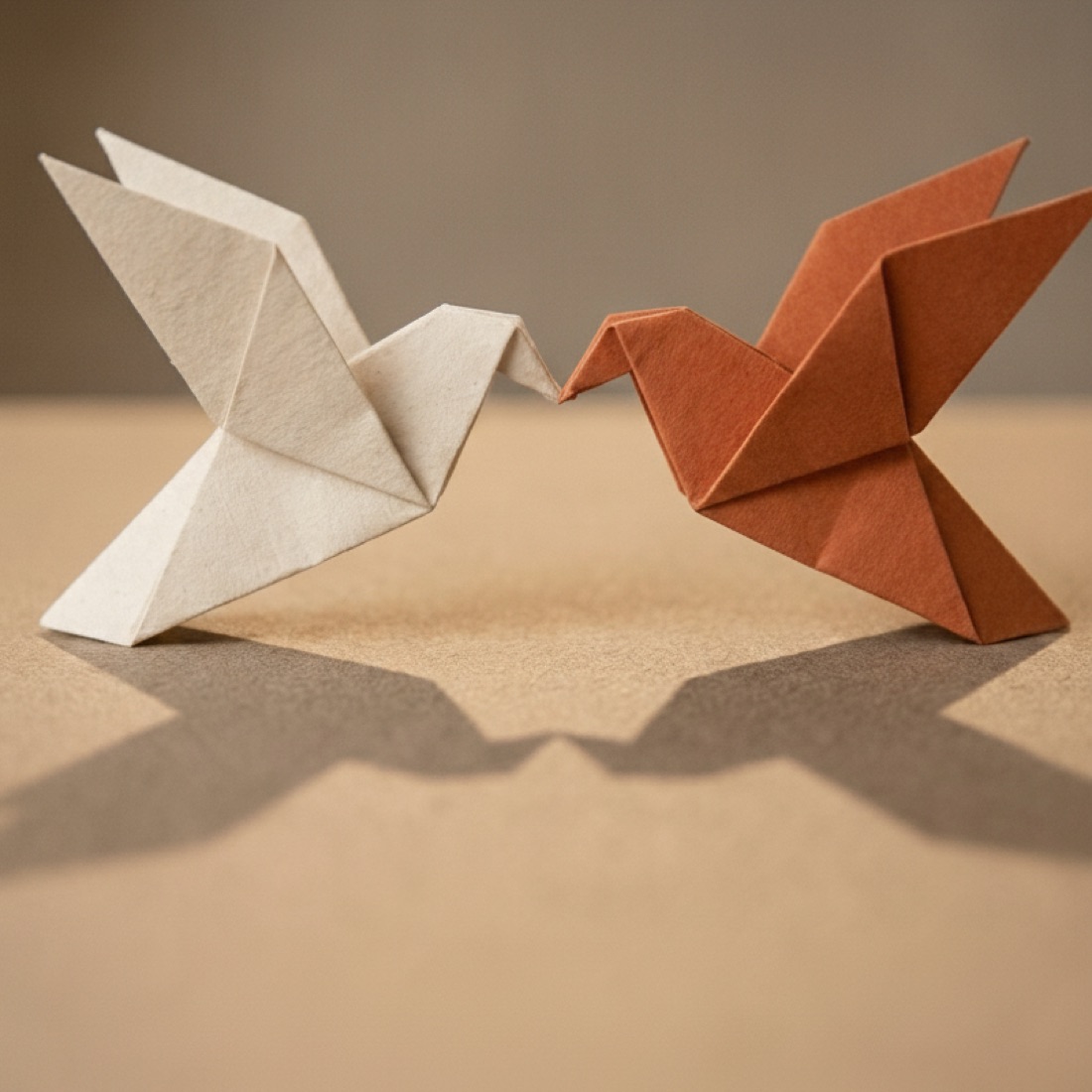 Two origami doves, one white and one terracotta, side by side