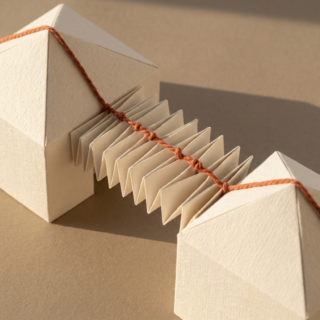 Two paper pyramids joined by an accordion-fold bridge of copper thread